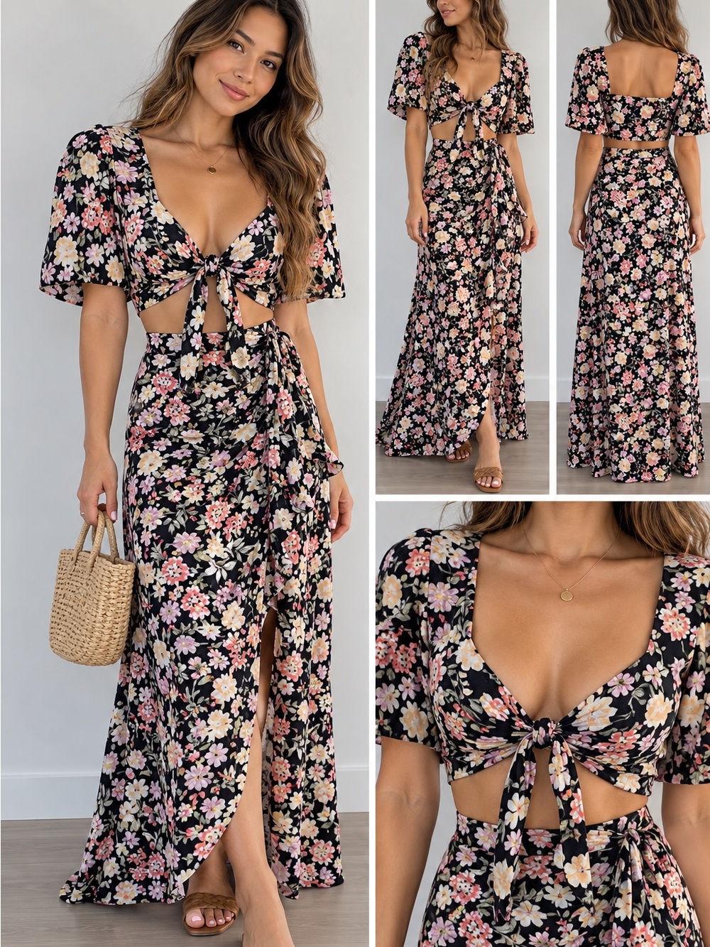 Floral Tie-Front Maxi Dress in Black with Pink & Cream Flowers